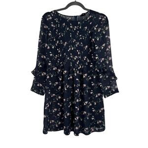 Club Monaco Women's US 8 Navy Blue Floral Sheer Silk Long Sleeve Mini Dress